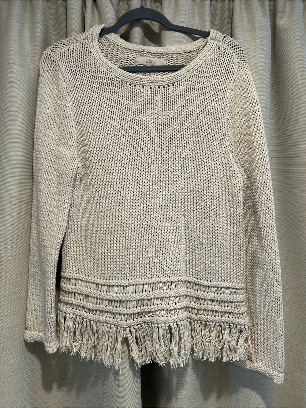 LOFT Cream Fringe Hem Scoop Neck Sweater